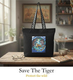 WOTM On The Move Tote | Premium Printed Cotton Canvas Tote Bag with Zipper & Inside Pocket, Stylish Everyday Travel Bag for Work, College, Office, Travel, Shopping (Save the Tiger)