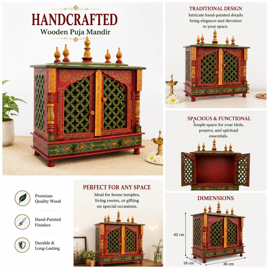 Kamdhenu Art and Craft Wooden Temple/Home Temple/Pooja Mandir/Pooja Mandap/Temple for Home (Jlnew) - 9.5X21 Inch