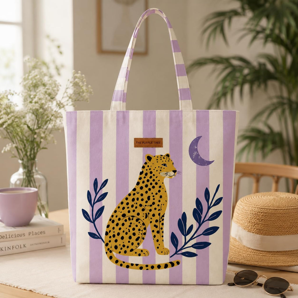 The Purple Tree Moonlit Leopard Tote Bag for Women | Large Canvas Shoulder Tote | Travel Bag, Shopping Tote, Vacation bag | 40 x 43 cm