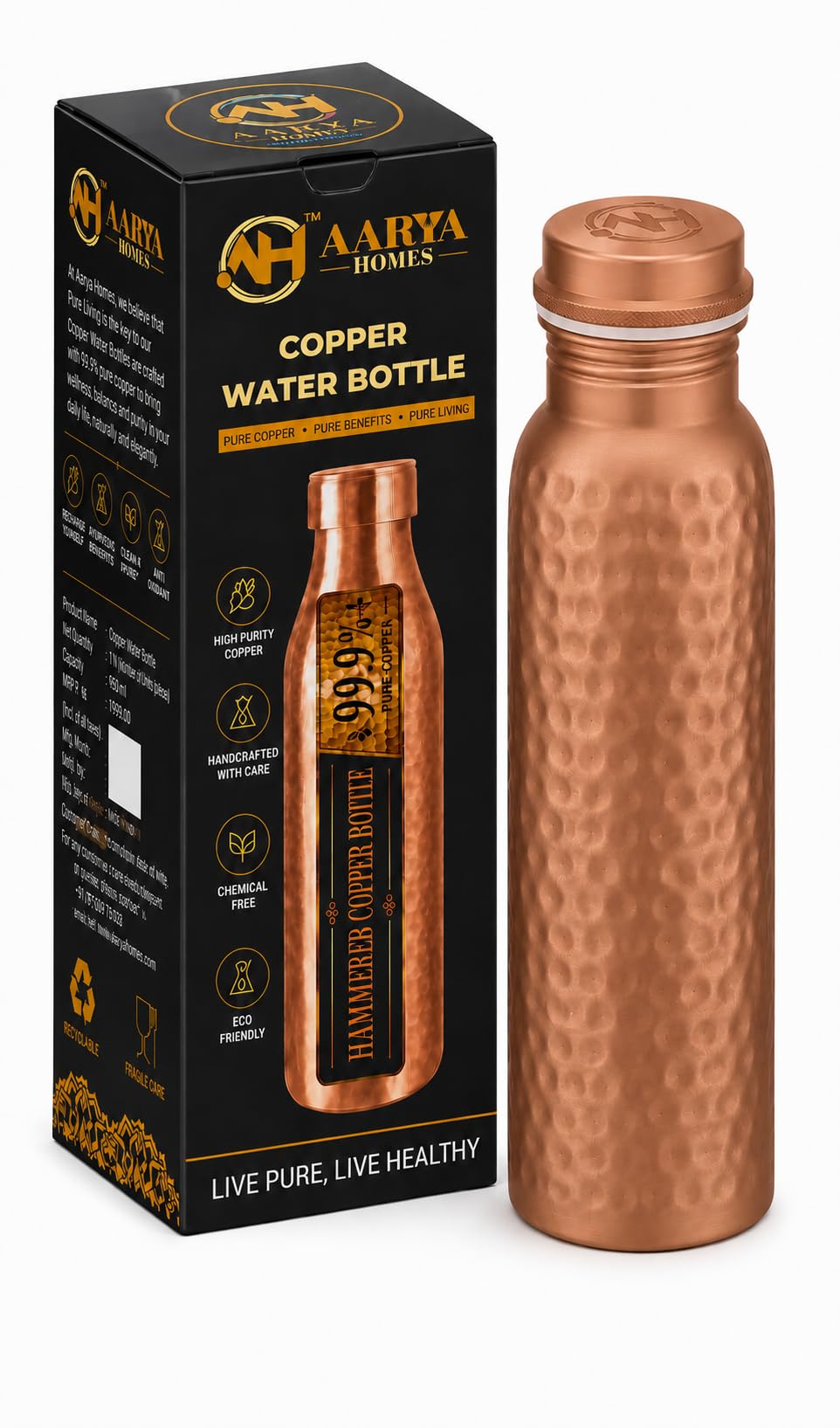 AARYA HOMES Pure Hammered Copper Water Bottle(950ml) | BPA-Free | Leak Proof | 99.9% Pure Copper | Antioxidant Benefits | Ayurveda Inspired | With Cleaning Powder,Brush,Silicon O-Ring & Premium Pouch.