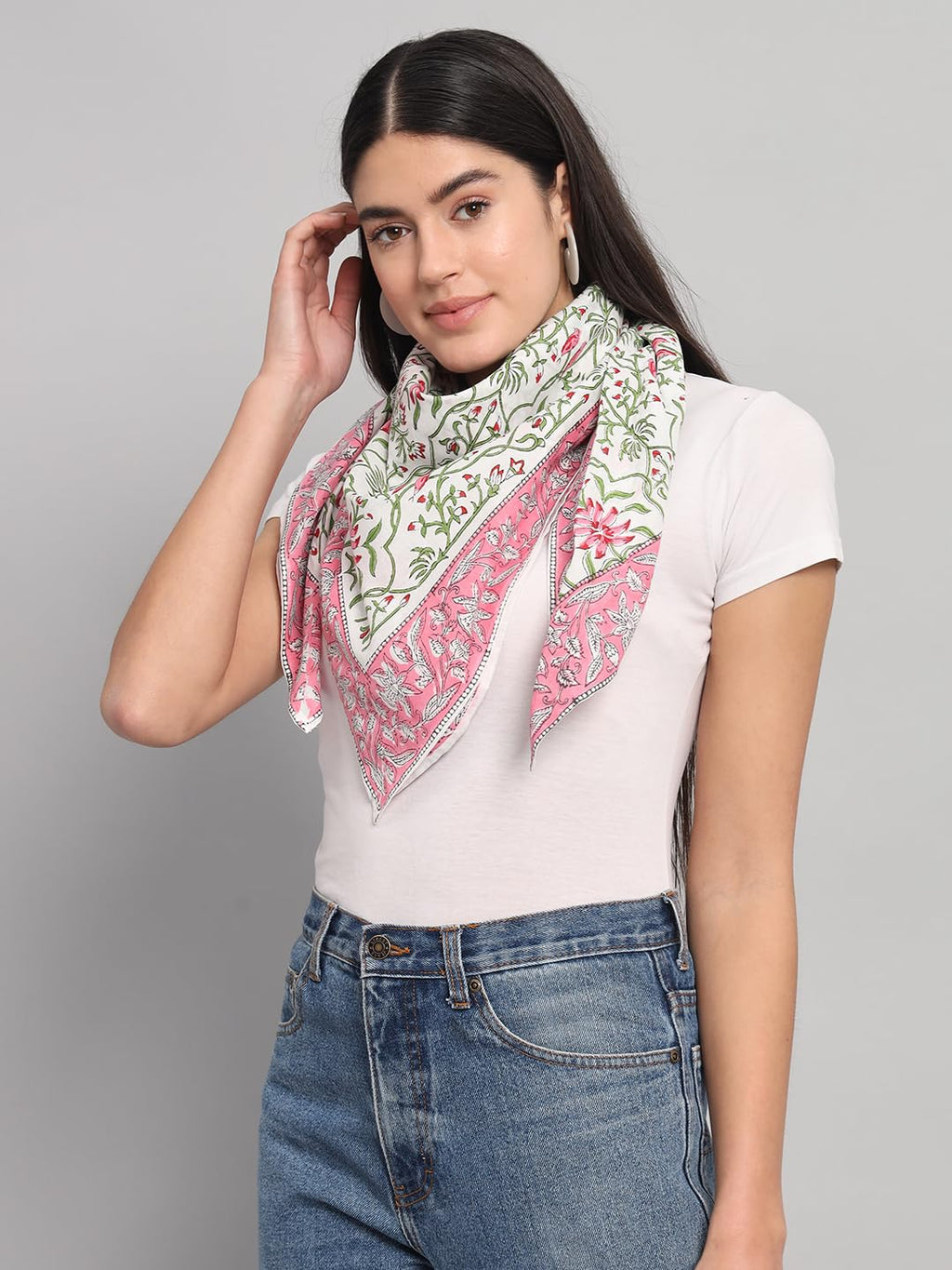 Ravaiyaa - Attitude is everything Sanganer Hand Block Printed Scarves Pure Cotton Scarf Square Hijab Dupatta 40 X 40 Inch (Pink)