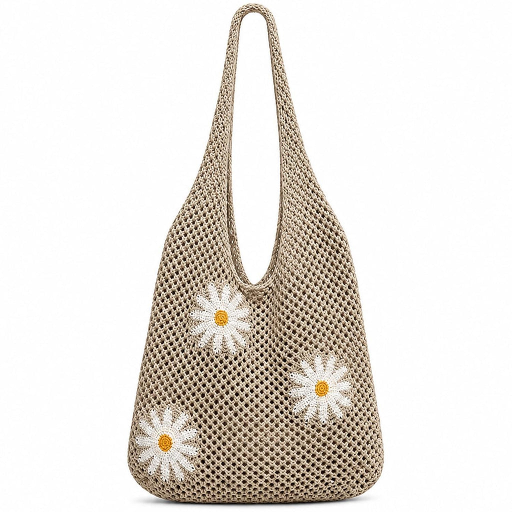 Cybersnc Tote Bag for Women Crochet Mesh Beach Shoulder Bag Khaki Knitted Summer Handbag with Flower Brooch Large Capacity Lightweight Casual Shopping Travel Shoulder Tote Bag for Women (Coffee Brown)