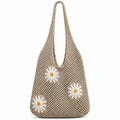 Cybersnc Tote Bag for Women Crochet Mesh Beach Shoulder Bag Khaki Knitted Summer Handbag with Flower Brooch Large Capacity Lightweight Casual Shopping Travel Shoulder Tote Bag for Women (Coffee Brown)