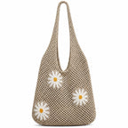 Cybersnc Tote Bag for Women Crochet Mesh Beach Shoulder Bag Khaki Knitted Summer Handbag with Flower Brooch Large Capacity Lightweight Casual Shopping Travel Shoulder Tote Bag for Women (Coffee Brown)
