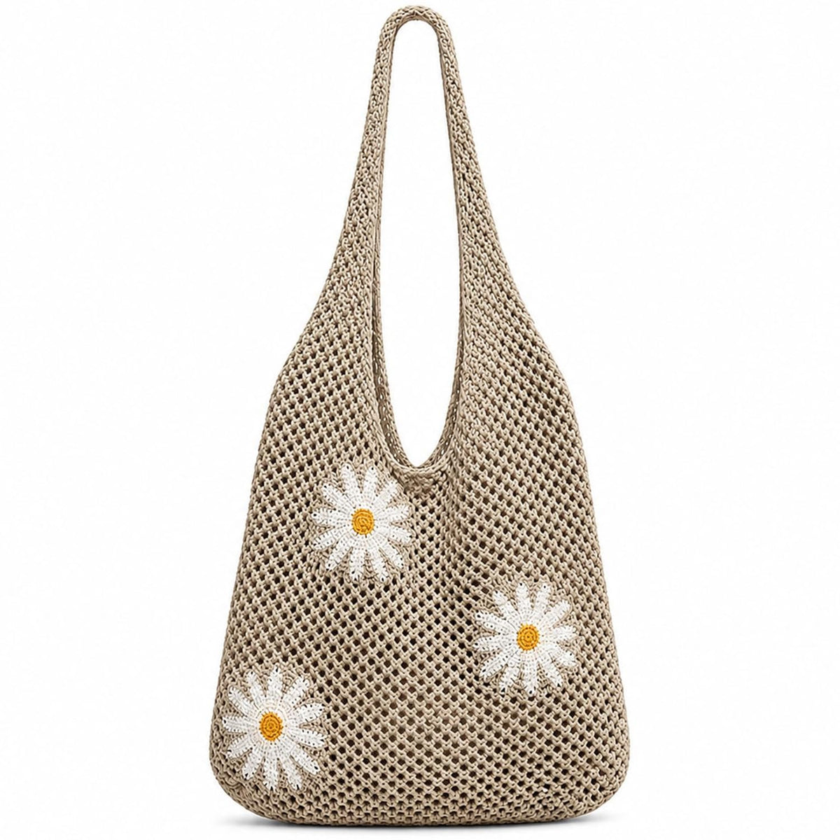 Cybersnc Tote Bag for Women Crochet Mesh Beach Shoulder Bag Khaki Knitted Summer Handbag with Flower Brooch Large Capacity Lightweight Casual Shopping Travel Shoulder Tote Bag for Women (Coffee Brown)