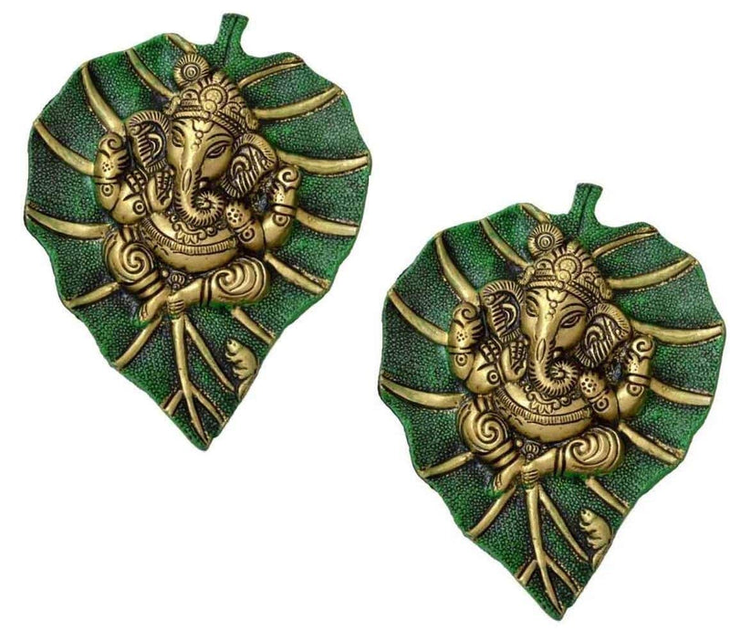 KridayKraft Multicolour Handmade Decorative Feng Shui Metal Pan Leaf Hanging Ganesh Ji Statue (Green Color)