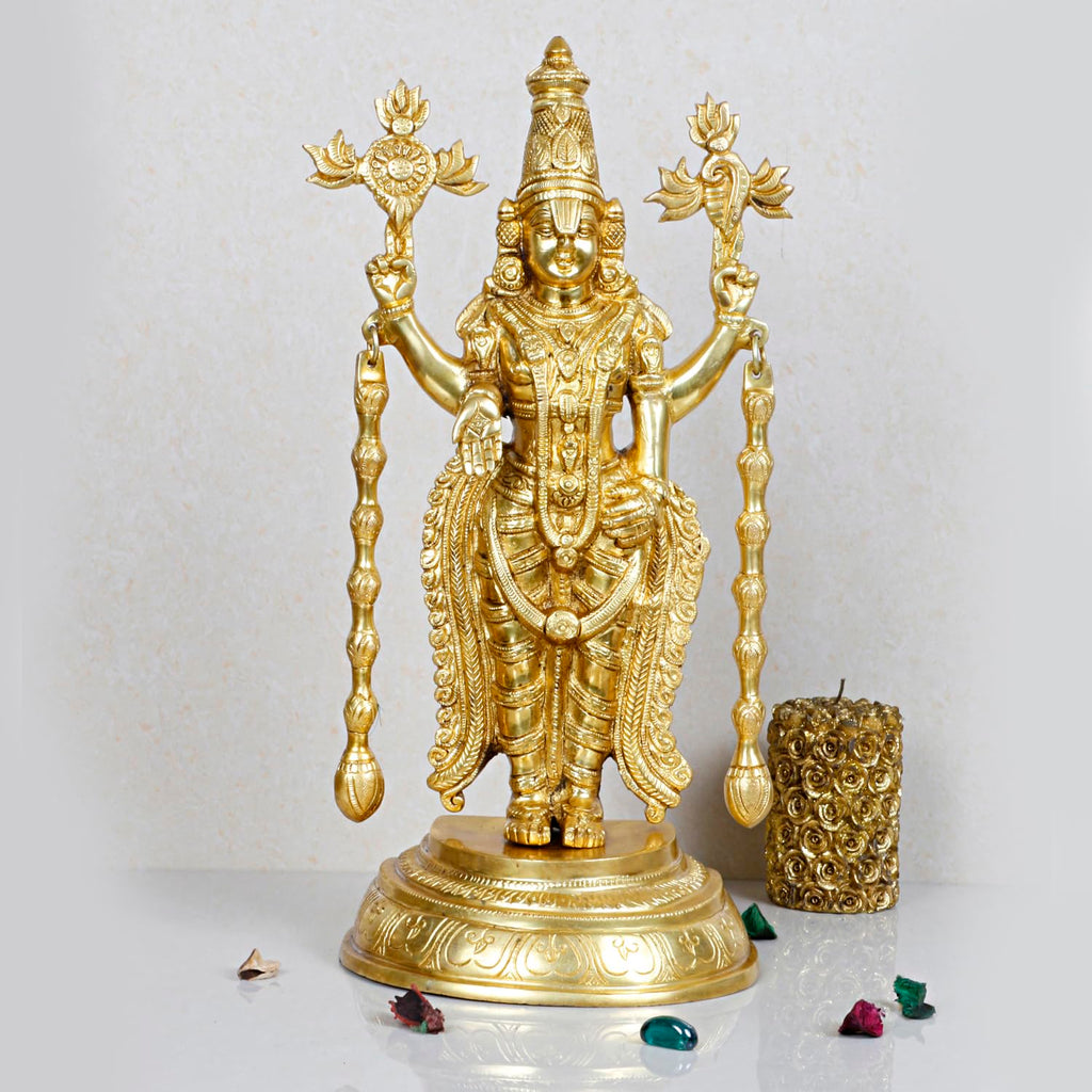 ARTVARKO 16 Inch Big Brass Tirupati Balaji Venkateshwara Idol Vishnu Chakra Namah Shankh Statue Murti Lord Srinivasa Pooja Vastu Religious Idol for Home Office Temple Decor Gift.