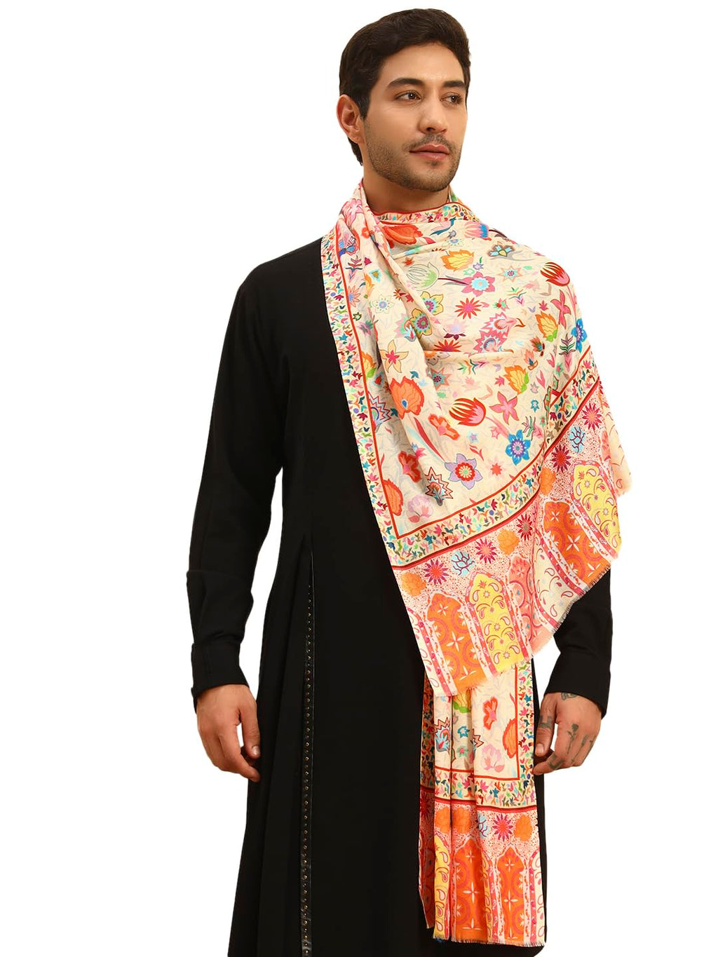 Pashmoda Men Royal Embers Fine Soft Bamboo Fibre Stole, Multicoloured Design, Evening Wrap, Luxury Pashmina Style Scarf, Wrap, Sustainable and Natural Fabric (Size 28x80, Cream colour) MISST33