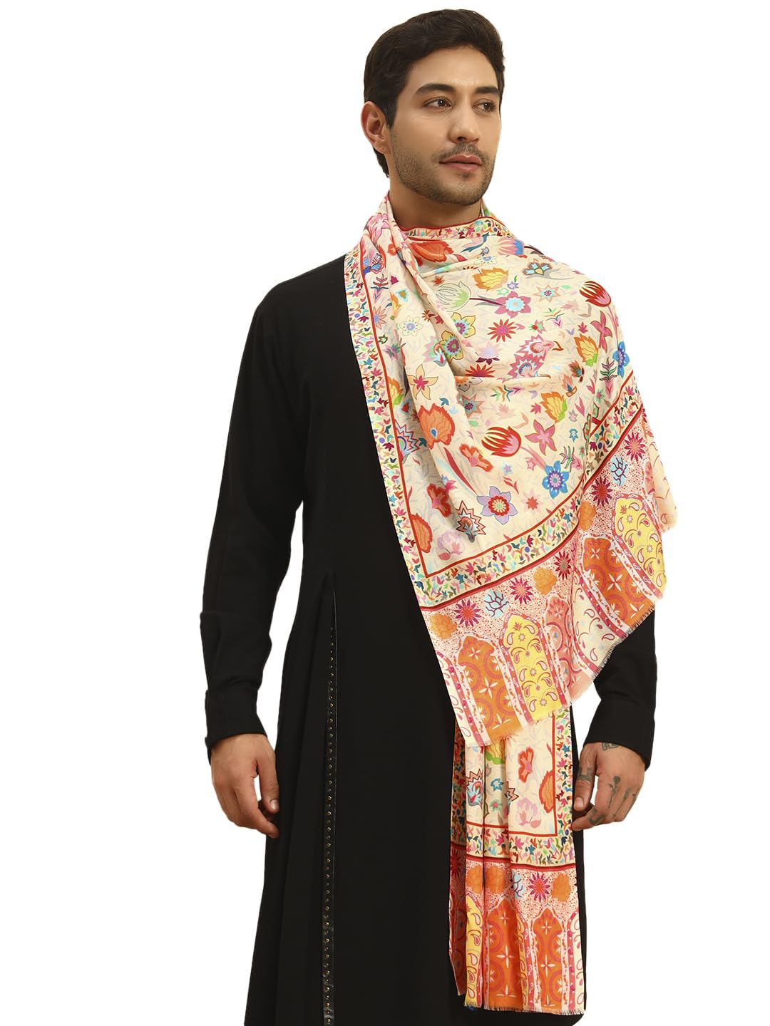 Pashmoda Men Royal Embers Fine Soft Bamboo Fibre Stole, Multicoloured Design, Evening Wrap, Luxury Pashmina Style Scarf, Wrap, Sustainable and Natural Fabric (Size 28x80, Cream colour) MISST33