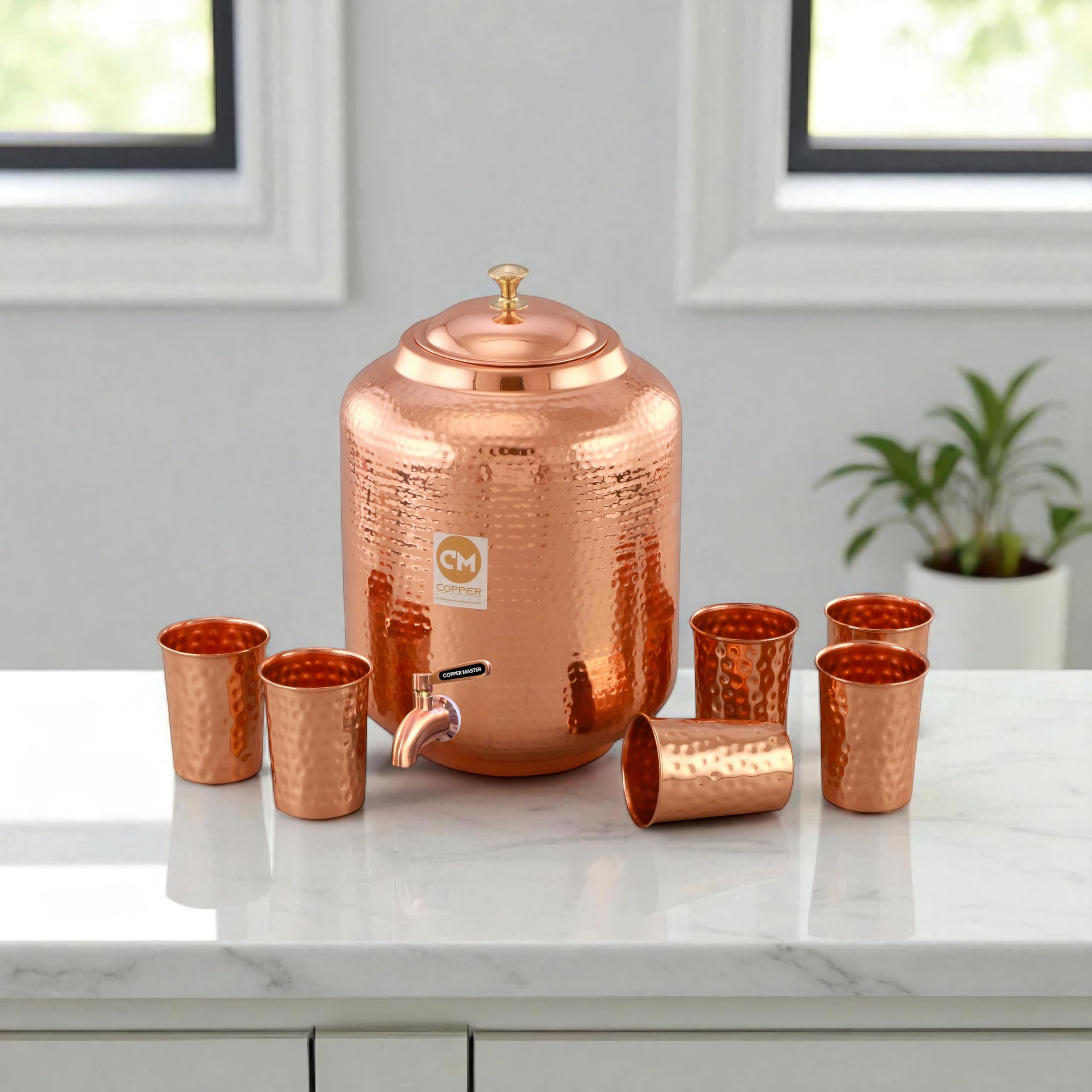 Copper Master 11 Litre Hammered Copper Water Dispenser (Matka) Container Pot with 6 Pure Copper Glasses with Pure Copper and Ayurvedic Health Benefits (11000 ml + 1800 ml)