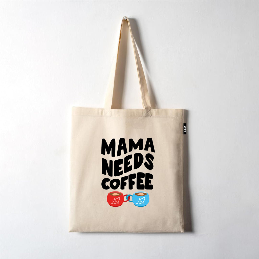 VVWV Mama Needs Coffee Funny Printed Reusable Tote Bags | 100% Organic Cotton Shopping/Grocery Bag | Multi-Purpose Bag | Sturdy Canvas Bag with 15kgs Capacity (13 x 15.7 Inch)