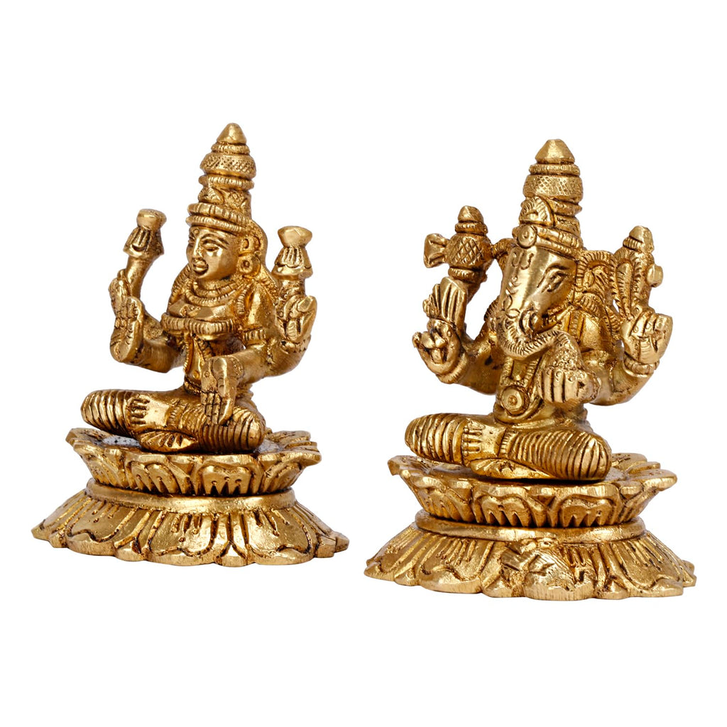 ARTVARKO Brass Lakshmi Ganesh Sitting on Lotus Luxmi Ganesha Statue Mangalkari Ganpati Laxmi Idol Murti for Puja Home Décor Showpiece Gift 3.25 Inch