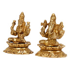ARTVARKO Brass Lakshmi Ganesh Sitting on Lotus Luxmi Ganesha Statue Mangalkari Ganpati Laxmi Idol Murti for Puja Home Décor Showpiece Gift 3.25 Inch