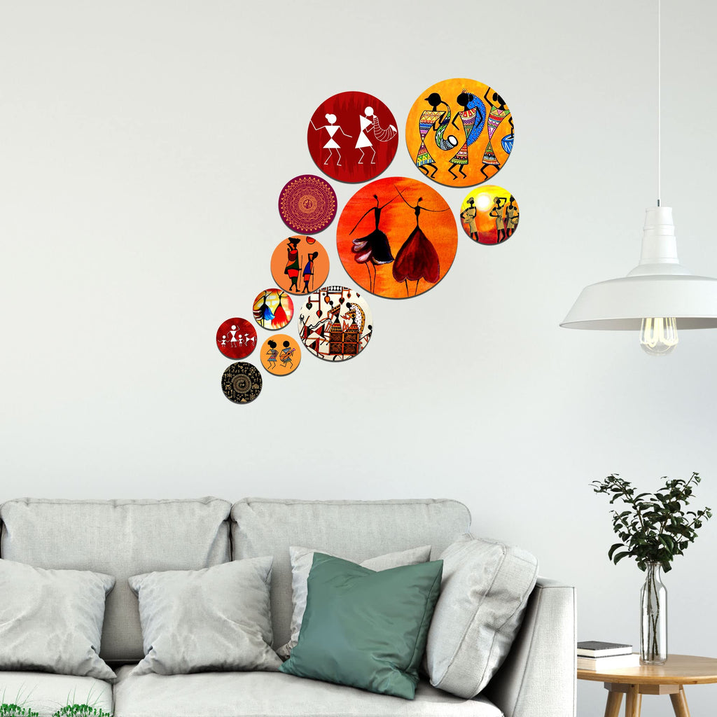 Artvibes Indian Traditional Warli Tribal Folk Dance Art Round Shape MDF Wooden Wall Decor Items for Home | Art For Wall | Modern Decor Artwork | Wall Illustrations | Gift Items (WPS_126N), Set of 11