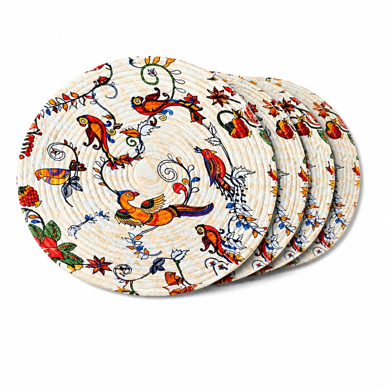Premium Round Cotton Dining Table Mats Set of 4 | Washable Heat Resistant Food Mat | Circular Dining Table Hot Plate Mats & Coaster for Hot Utensil (14-inch, Boho Quilt/Beige) Kafalo