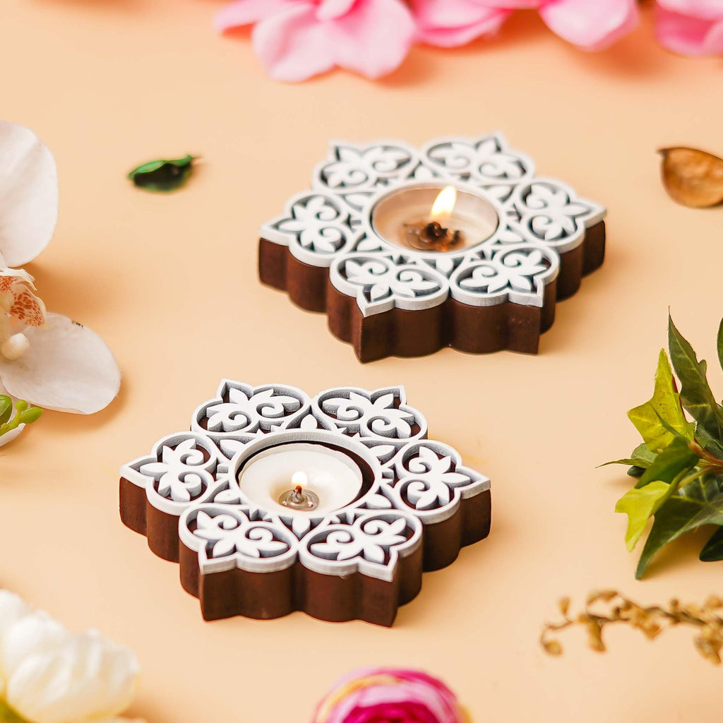 eCraftIndia Set of 2 White Brown Wooden Floral Printing Block Decorative Tea Light Candle Holders, Diya Stands | Tea Light Holders | Christmas Diwali Decoration Items for Home Decor
