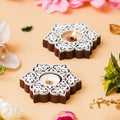eCraftIndia Set of 2 White Brown Wooden Floral Printing Block Decorative Tea Light Candle Holders, Diya Stands | Tea Light Holders | Christmas Diwali Decoration Items for Home Decor