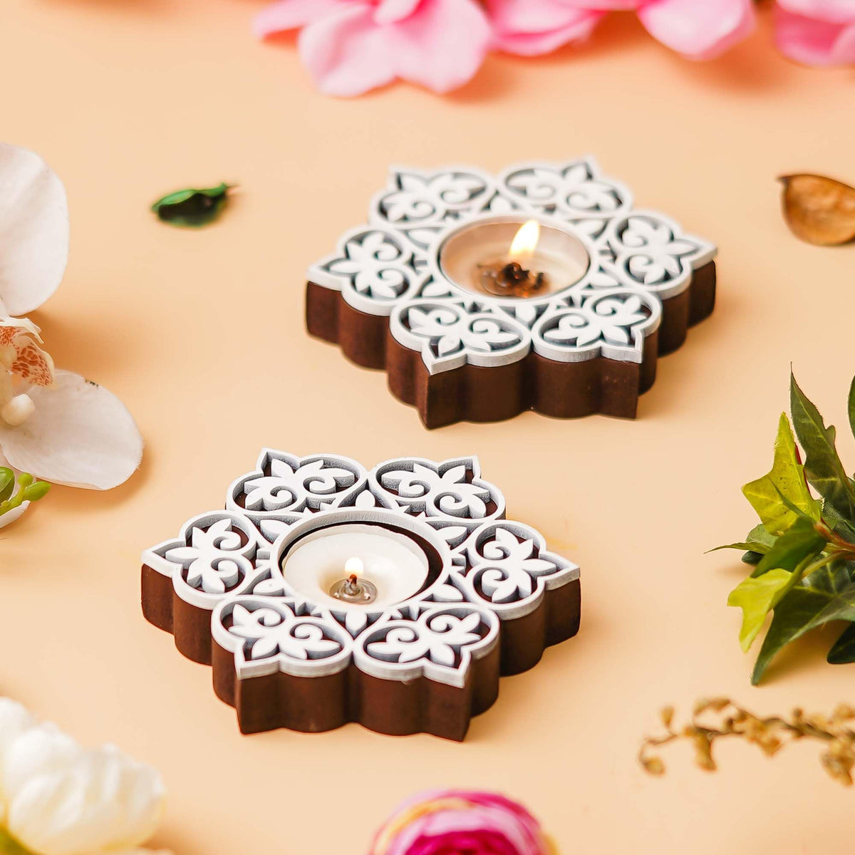 eCraftIndia Set of 2 White Brown Wooden Floral Printing Block Decorative Tea Light Candle Holders, Diya Stands | Tea Light Holders | Christmas Diwali Decoration Items for Home Decor