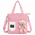 BROGBUS Canvas Tote Bag for Women with Teddy Bear Charm, 3-Way Convertible Crossbody Shoulder Handbag, Adjustable Sling Strap, Zipper Closure, College Travel Shopping Bag, Pink, 34 x 33 cm