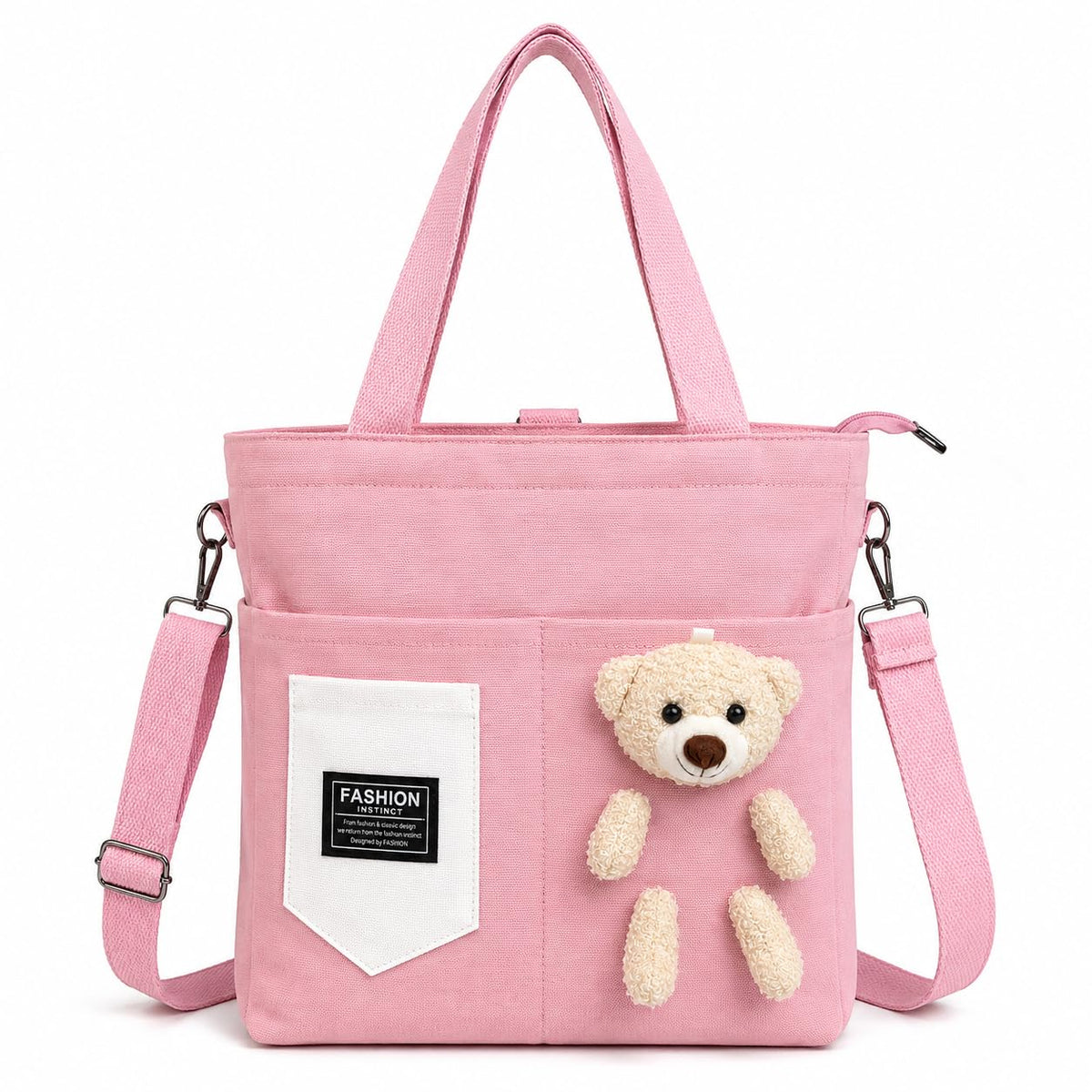 BROGBUS Canvas Tote Bag for Women with Teddy Bear Charm, 3-Way Convertible Crossbody Shoulder Handbag, Adjustable Sling Strap, Zipper Closure, College Travel Shopping Bag, Pink, 34 x 33 cm