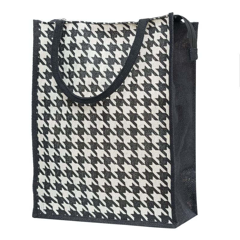 JUTEKA White Houndstooth Printed Jute Lunch Bag, Grocery Tote, Hand Bag, Picnic Bag for Men, Women, Girls, Kids with Zip