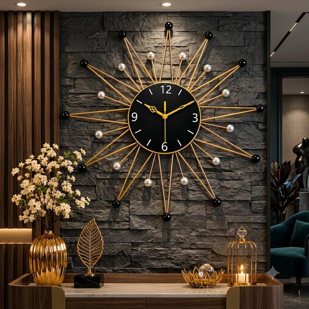 Mahira Artefacts Modern Sunburst Metal Wall Clock Black and Gold Decor