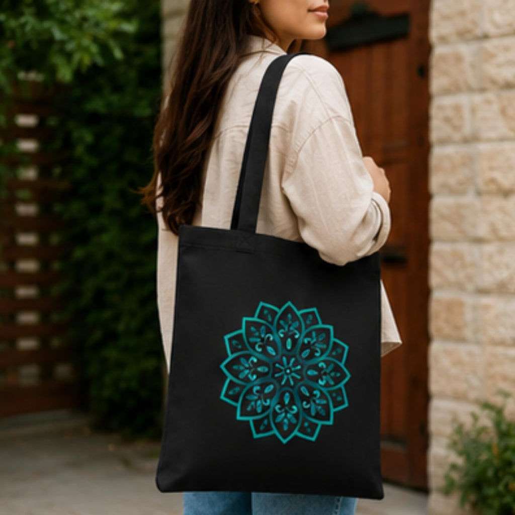 Adorvue New Launch Black Canvas Tote Bag for Women with Floral Mandala Print | Cotton Shoulder Bag | Reusable Eco-Friendly Shopping Tote | Large 14x16 Inch Bag for College, Office, Travel & Daily Use