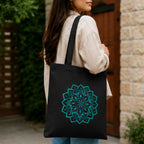 Adorvue New Launch Black Canvas Tote Bag for Women with Floral Mandala Print | Cotton Shoulder Bag | Reusable Eco-Friendly Shopping Tote | Large 14x16 Inch Bag for College, Office, Travel & Daily Use