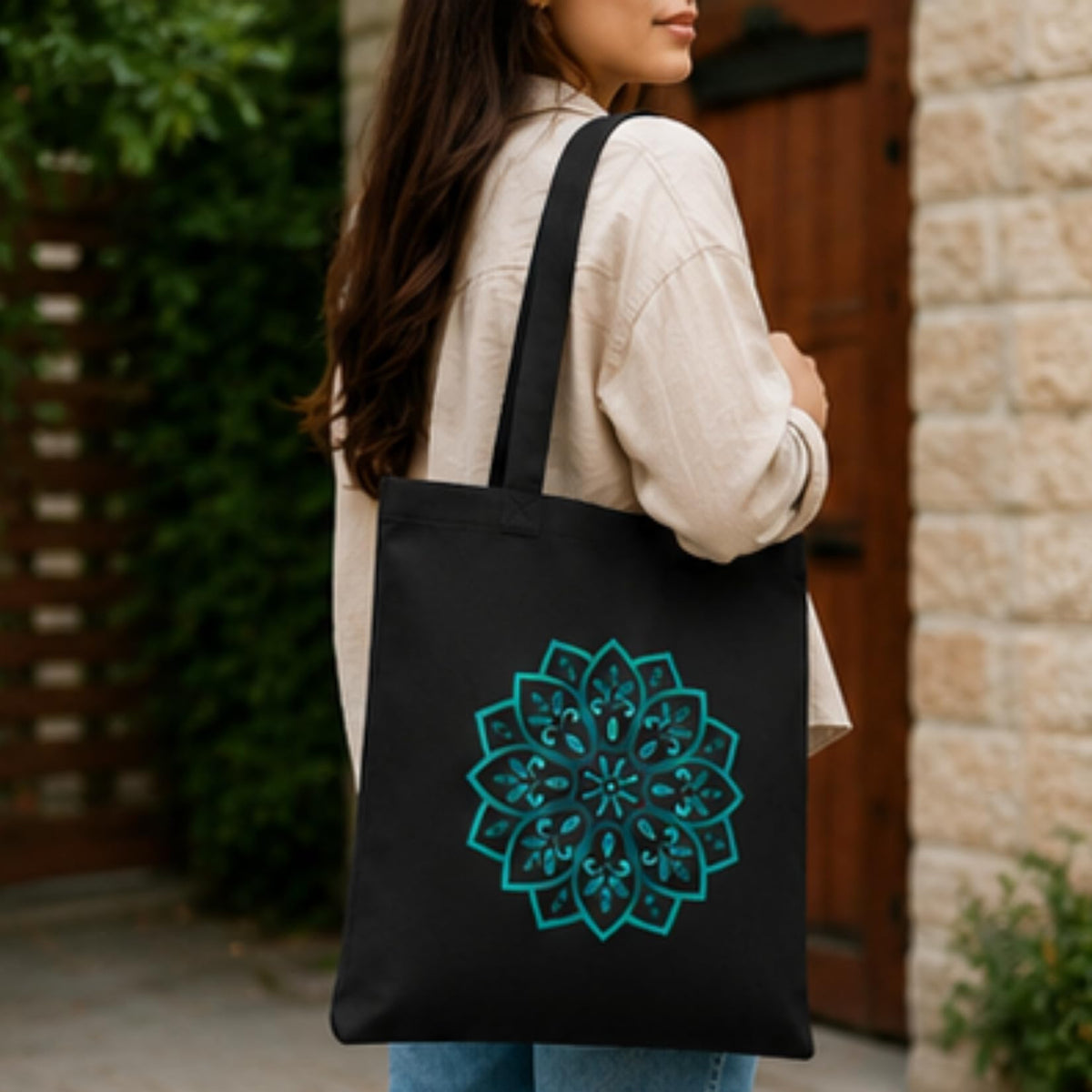 Adorvue New Launch Black Canvas Tote Bag for Women with Floral Mandala Print | Cotton Shoulder Bag | Reusable Eco-Friendly Shopping Tote | Large 14x16 Inch Bag for College, Office, Travel & Daily Use