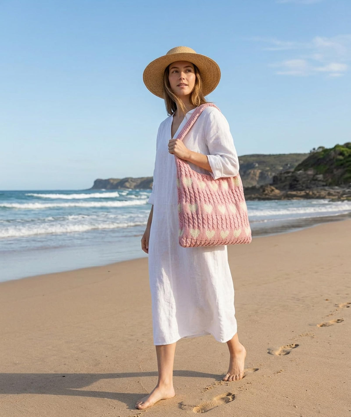 KSAIBINID Crochet Bag, Stylish Tote Bag for Women, Beach Bag for Daily Use and Travel, Pink Woven Openwork Design, Perfect for College Girls and Fashion Enthusiasts