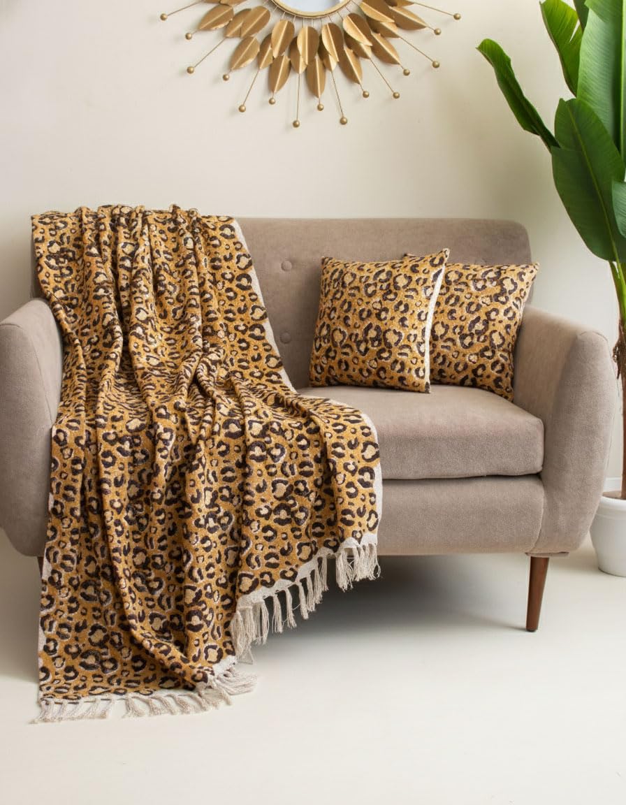 DMAASA Cotton Sofa Throw Blanket with 2 pcs Cushion Covers Lightweight Decorative Couch & Bed Bagru Print Throws (Pack of 3, Leopard Print) Kafalo