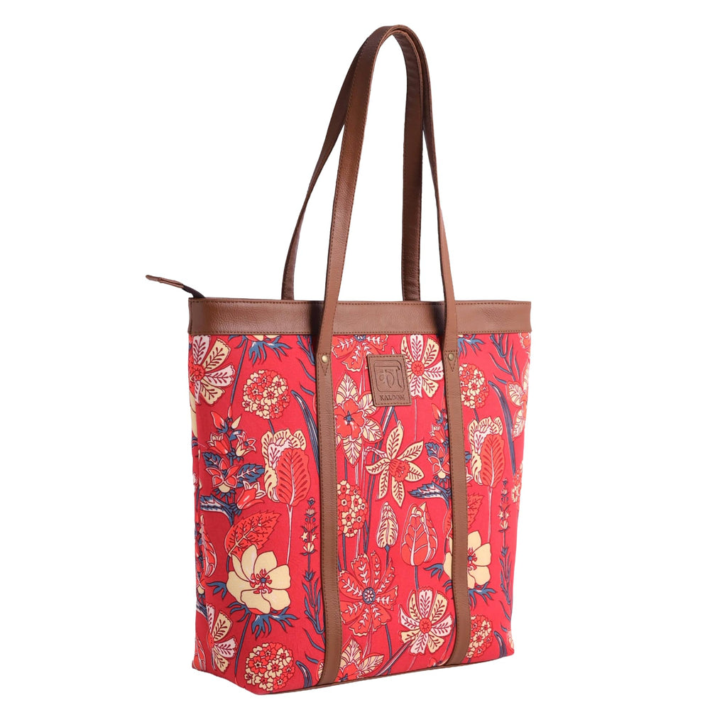 KALOOM Women’s Tote Bag with Zip Closure | Cotton Canvas & Vegan Leather Shoulder Bag | Spacious Printed Handbag with Outer Pocket for Office, Travel & Daily Use (Red)