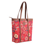 KALOOM Women’s Tote Bag with Zip Closure | Cotton Canvas & Vegan Leather Shoulder Bag | Spacious Printed Handbag with Outer Pocket for Office, Travel & Daily Use (Red)