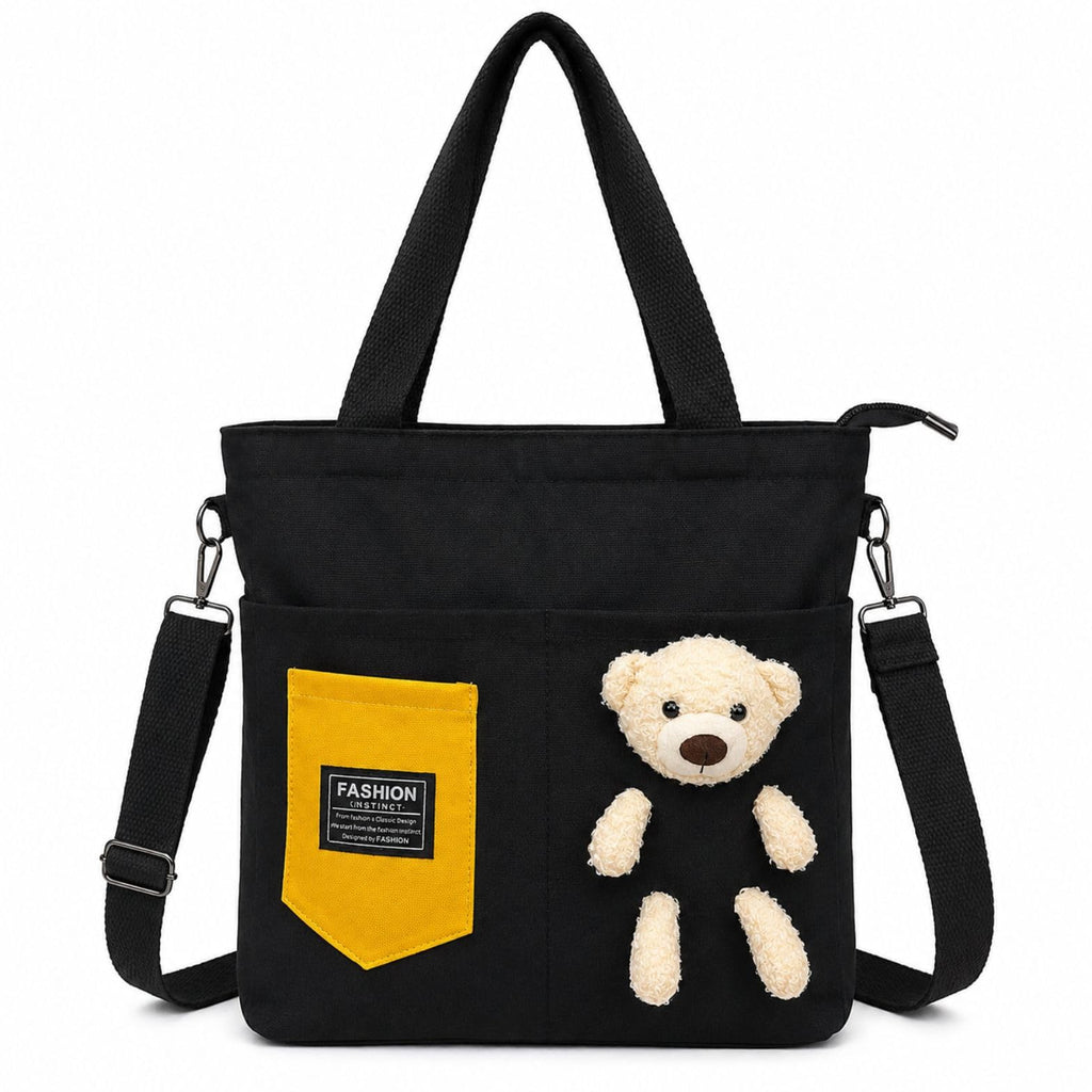 BROGBUS Canvas Tote Bag for Women with Teddy Bear Charm, 3-Way Convertible Crossbody Shoulder Handbag, Adjustable Sling Strap, Zipper Closure, College Travel Shopping Bag, Black, 34 x 33 cm