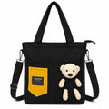 BROGBUS Canvas Tote Bag for Women with Teddy Bear Charm, 3-Way Convertible Crossbody Shoulder Handbag, Adjustable Sling Strap, Zipper Closure, College Travel Shopping Bag, Black, 34 x 33 cm