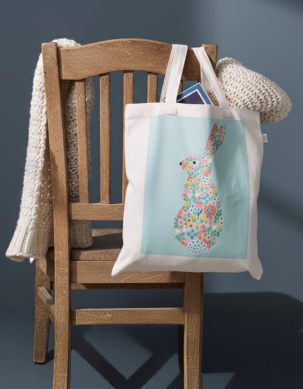 Cotton Canvas Tote Bag with Floral Bunny Print | Reusable Lightweight Shopping Bag with Long Handles | Eco-Friendly Everyday Carry Bag for Shopping, Travel & Gifting