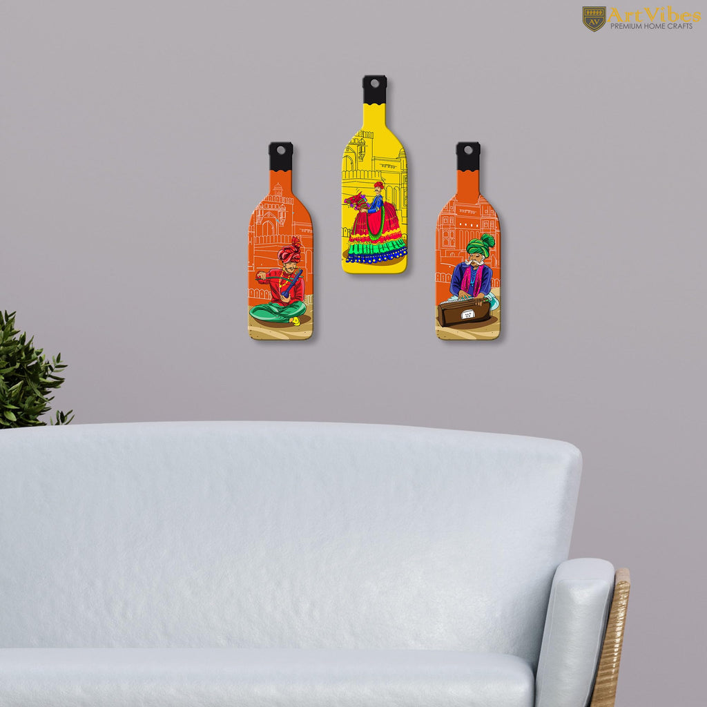 Artvibes Rajashtani Music Culture Decor Bottle shaped Wooden Wall Hanging | Wall Sculpture | Signs & Plaques | Handcrafted Art | Artwork | Aesthetic Wooden Decor | Unique Gift (WH_9513N), Set of 3