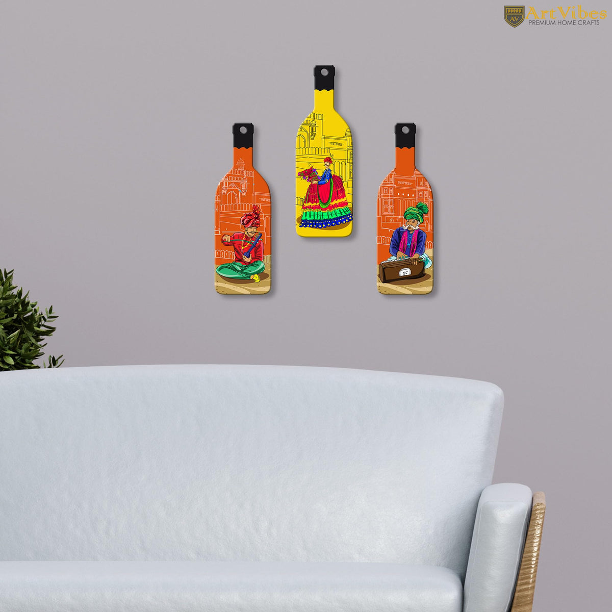 Artvibes Rajashtani Music Culture Decor Bottle shaped Wooden Wall Hanging | Wall Sculpture | Signs & Plaques | Handcrafted Art | Artwork | Aesthetic Wooden Decor | Unique Gift (WH_9513N), Set of 3
