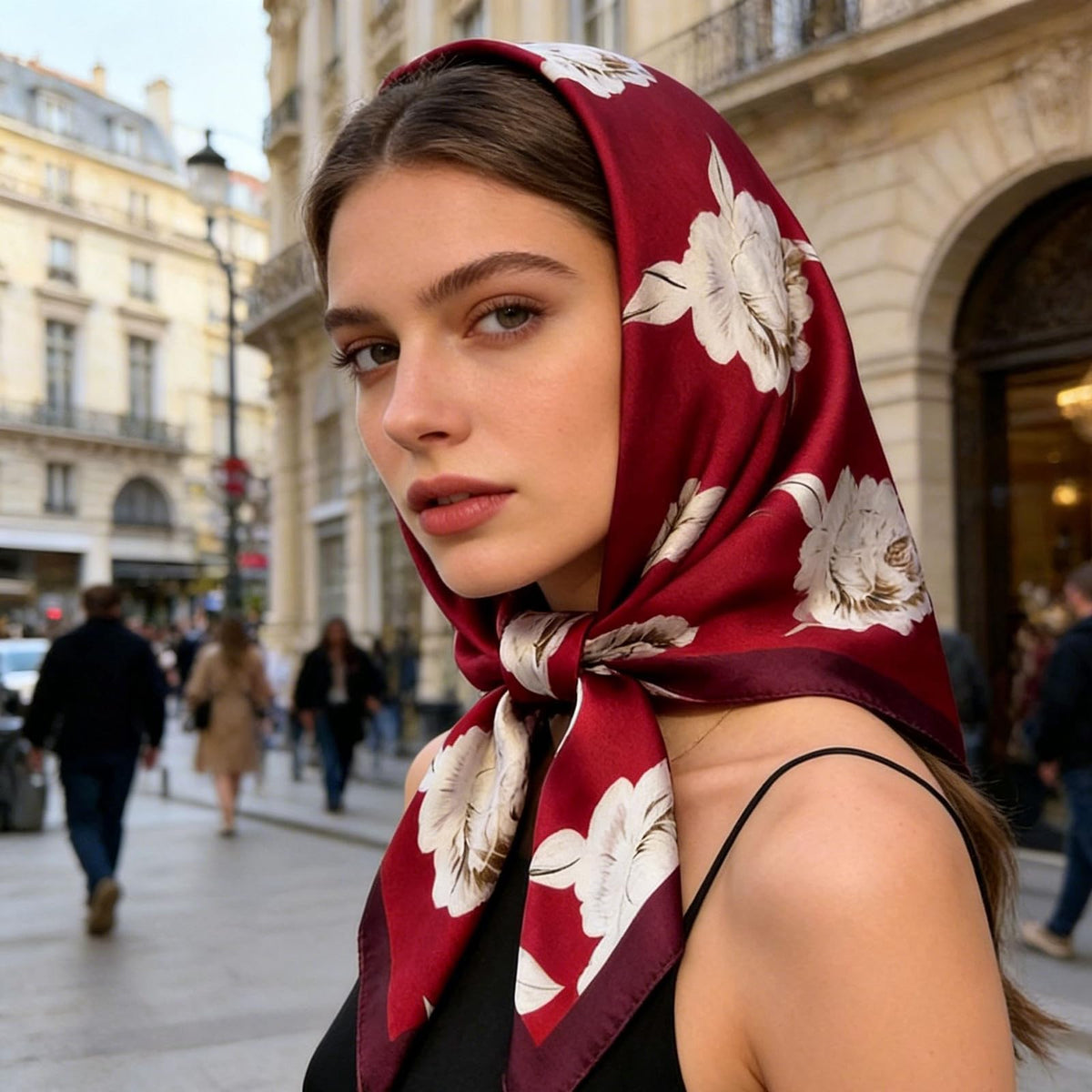 Mgbmyltm 1-Piece Burgundy Camellia Print Satin Square Scarf, 70x70cm Hair Bandana and Neck Wrap, Silky Scarf for Women Stylish Everyday Wear