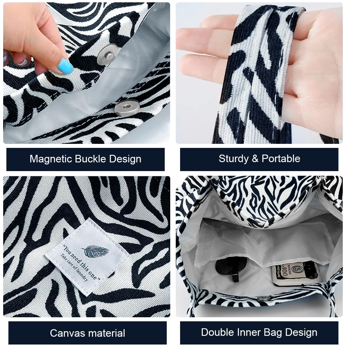 BROGBUS Casual Design Shoulder Handheld Tote Handbag for Women, Girls Canvas Jhola Bag for College Office Use (Zebra Color)