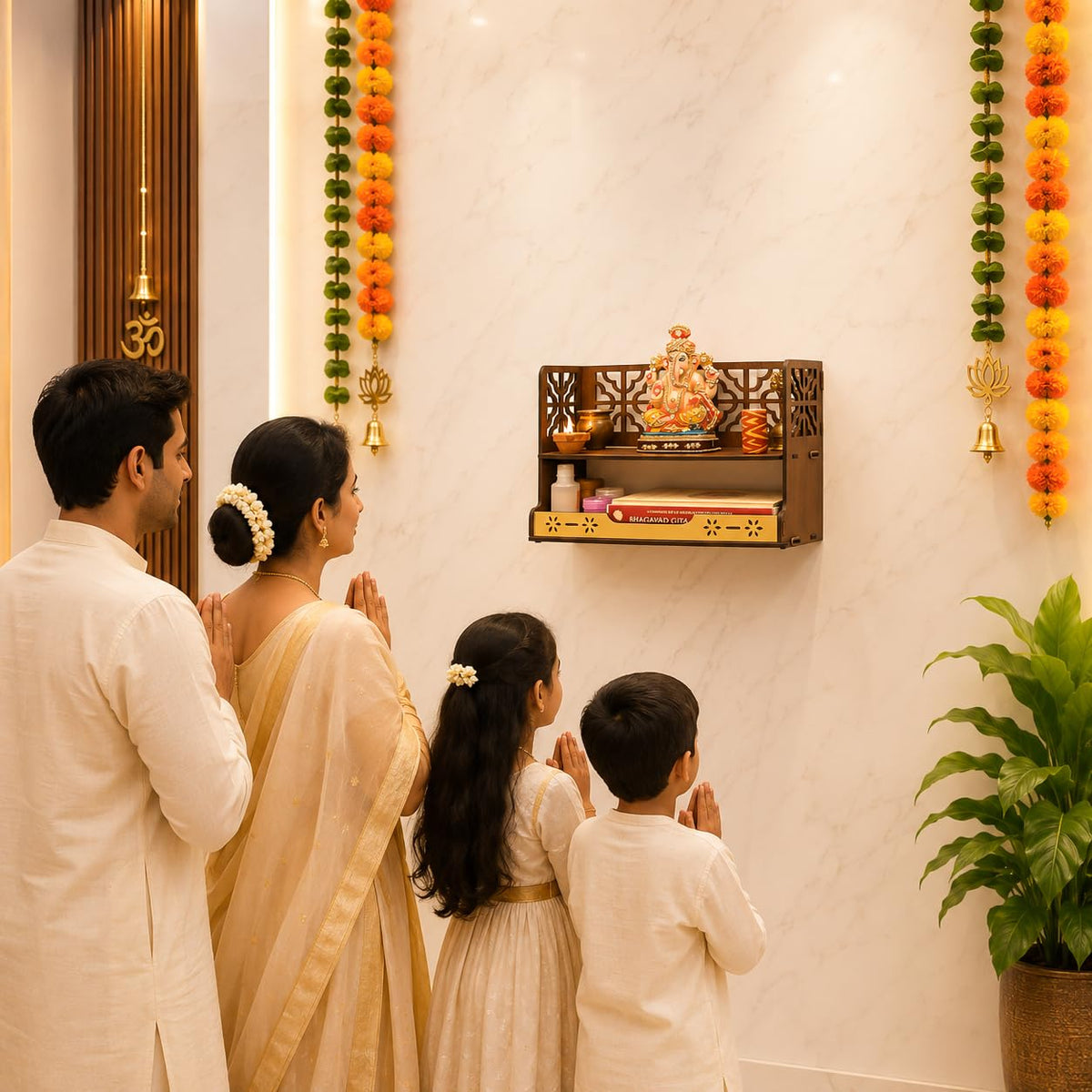 GKD Aastha Compact Wooden Pooja Mandir for Home & Office | Small Table Top & Wall Mounted Wooden Temple Stand with Golden Acrylic Elegance | Devghar (H-8 x L-12 x W-5.5 Inch)