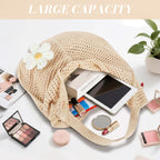 PALAY Tote Bag for Woman Beige Crochet Mesh Shoulder Bag with Flower Brooch