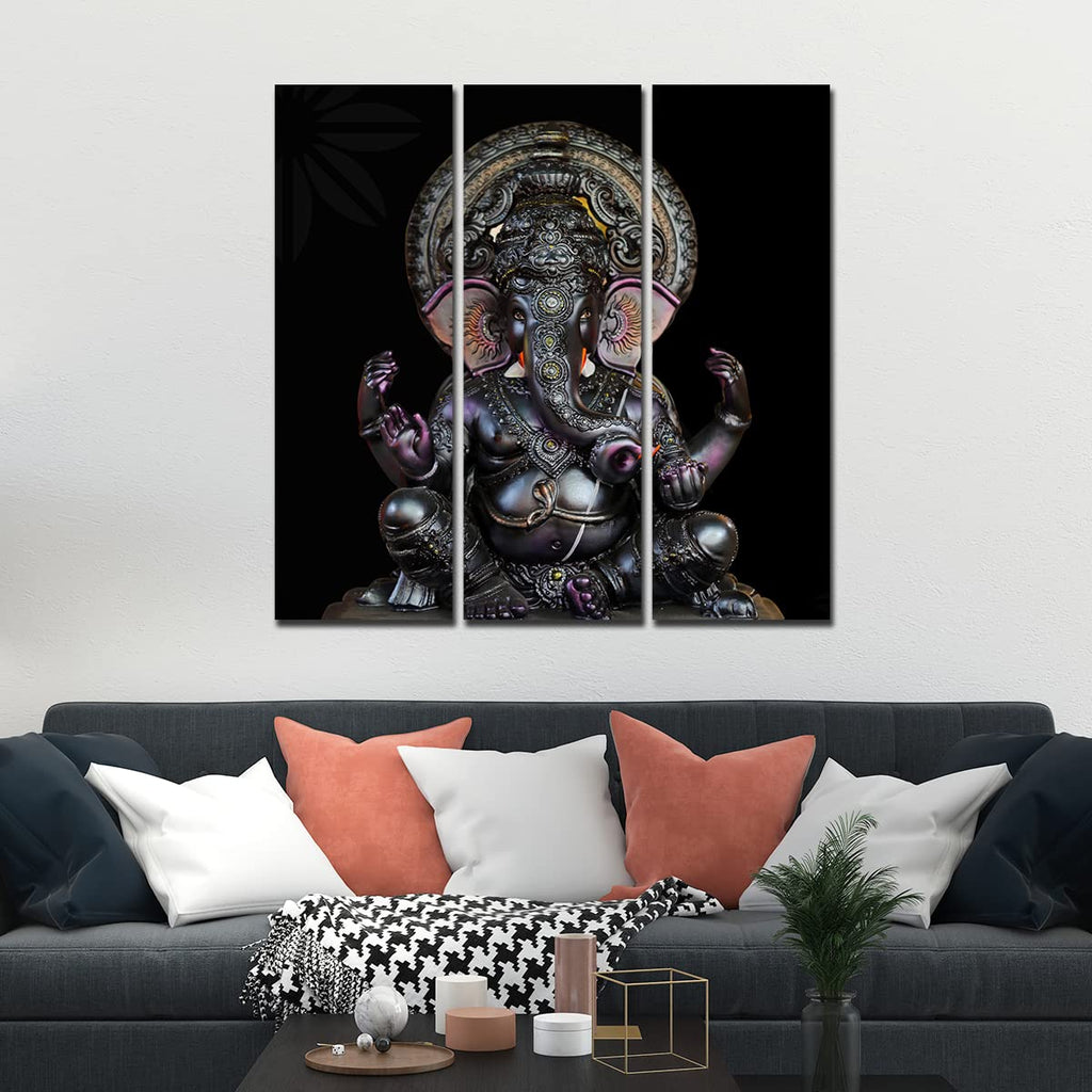 VIBECRAFTS 3 Pieces Sculpture Shree Ganesha Canvas Wall Painting Fitted With Wooden Frame For Home | Office | Living Room | Gifts (PTVC3Pcs1_9566)
