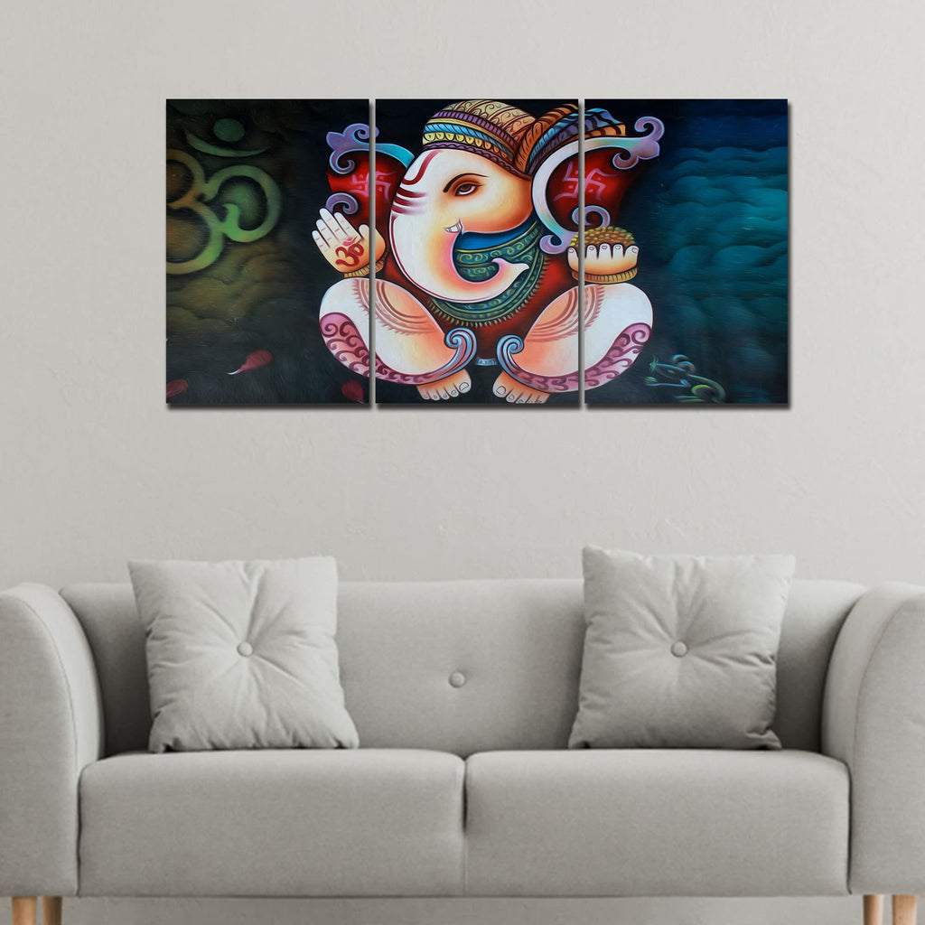 VIBECRAFTS Hindu Ganesha 3 Pieces Canvas Wall Painting Fitted With Wooden Frame For Home | Office | Living Room | Gifts(PTVC3Pcs3_11514)