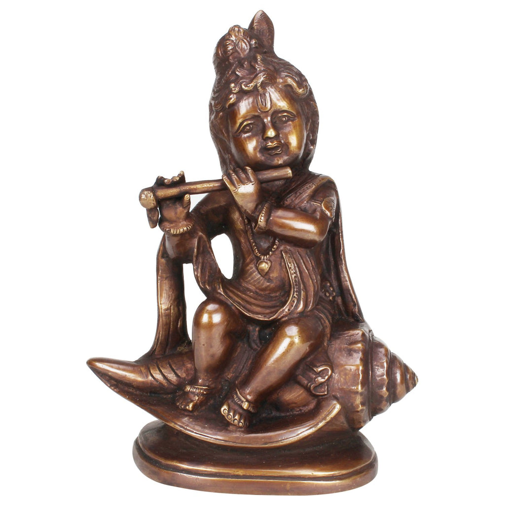 ARTVARKO Brass Krishna Statue Idol Sitting On Conch Shankh with Flute for Blessing Home Decor Pooja Mandir Height 8 Inch