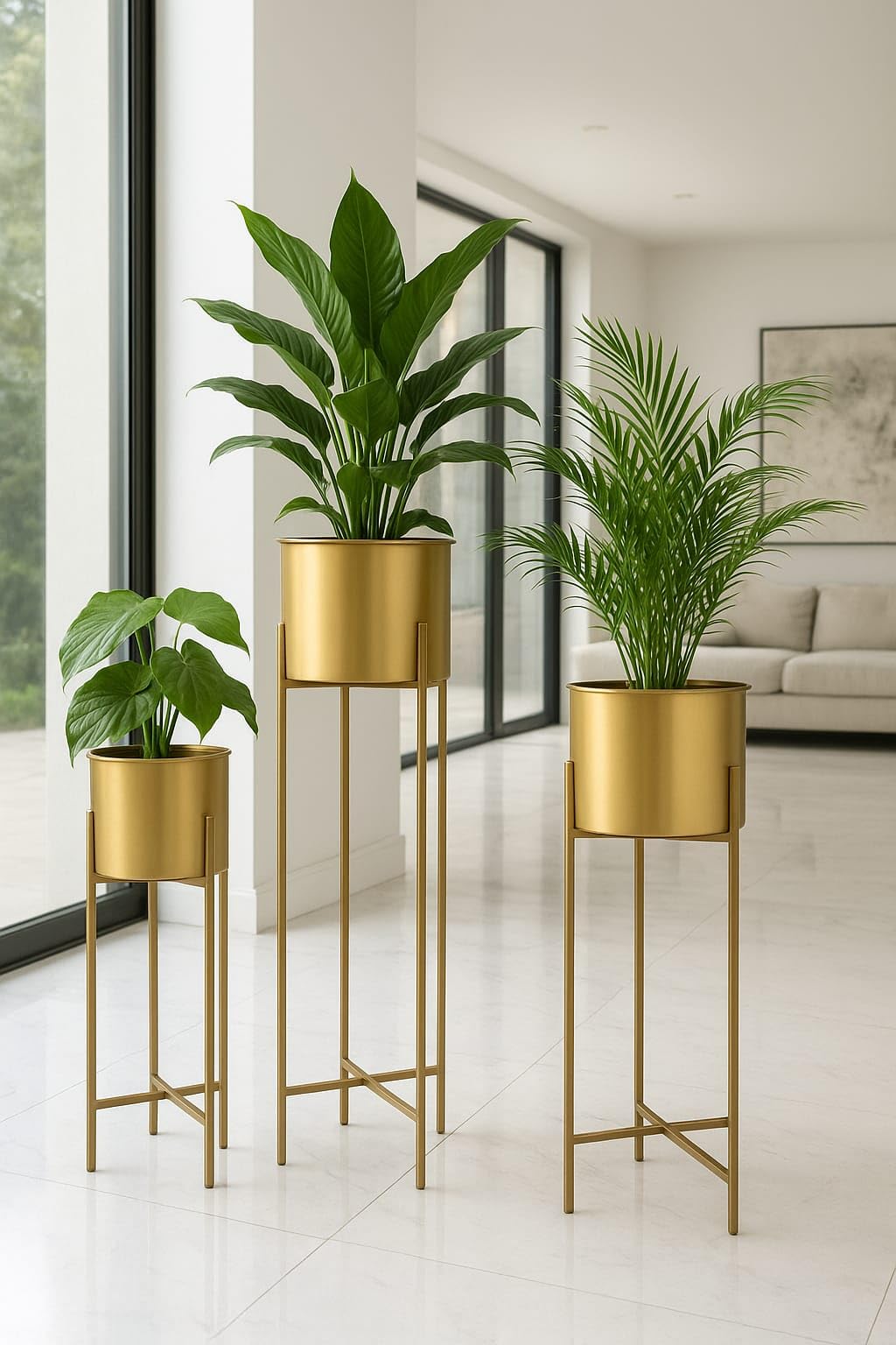 A.M.METAL WORKS Modern Metal Floor Flower Stands Planter for Living Room Bedroom Display Plant Stand Tall Indoor Plant Stand with Planter Pot -Set of 3 gold
