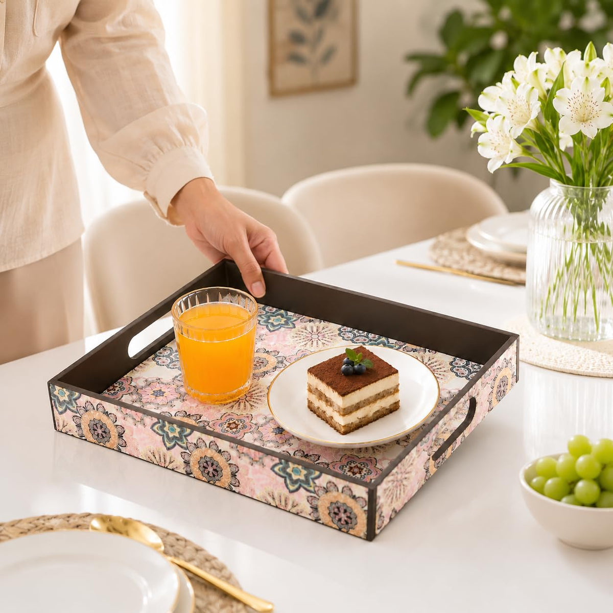 GKD Wooden Serving Tray for Tea & Coffee | Decorative Breakfast Tray with Handles | 11 x 11 Inch Square Snack Serving Tray for Dining Table, Kitchen, Ottoman, Coffee Table & Home Décor