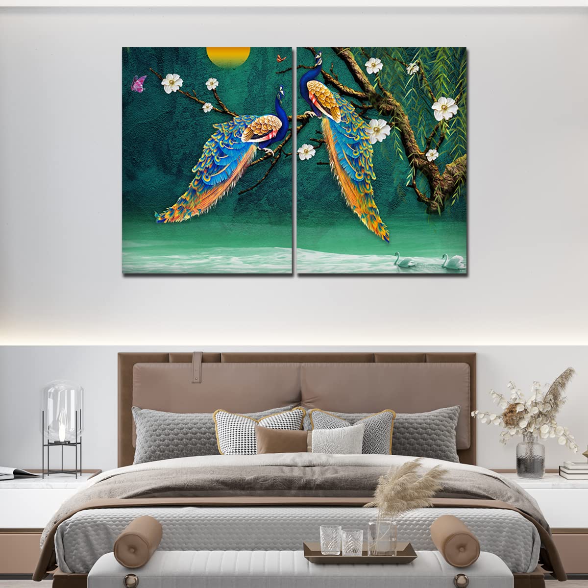 VIBECRAFTS 2 Pieces Beautiful Bird Couple In Forest Canvas Wall Painting Fitted With Wooden Frame For Home | Office | Living Room | Gifts(PTVC2Pcs1_17507)