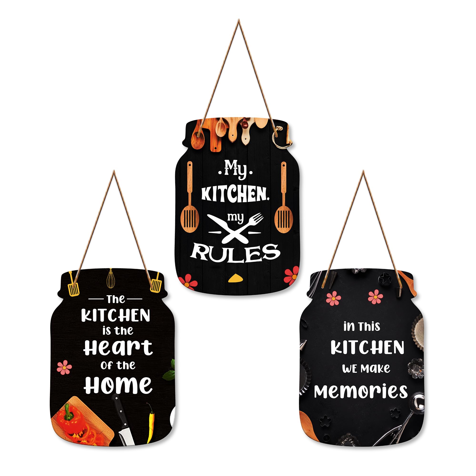 Artvibes My Kitchen My Rules Printed MDF Wooden Wall Art For Cafe | Kitchen | Restaurants | Quotes Decor Item | Kitchen Quotes Wall Hanging | Wall Illustrations | Gift Items (WH_8903N), Set of 3