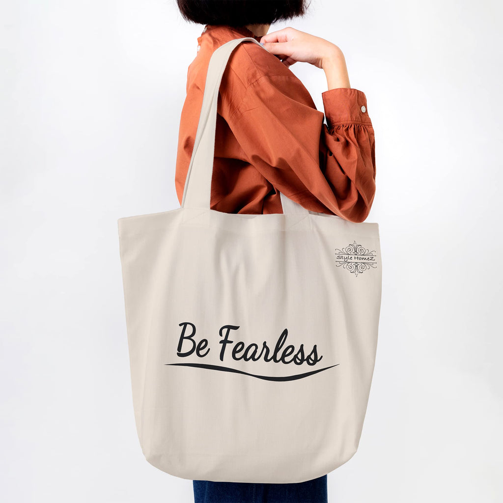 Style Homez Classic Eco-Friendly & Reusable Cotton Canvas Grocery Tote Bag, Medium Size 16 x 14 Inch Natural Color (BE FEARLESS)
